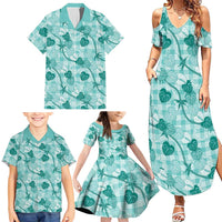 Anthurium Pikake Ti Leaf Palaka Family Matching Summer Maxi Dress and Hawaiian Shirt Turquoise Version LT01 - Polynesian Pride