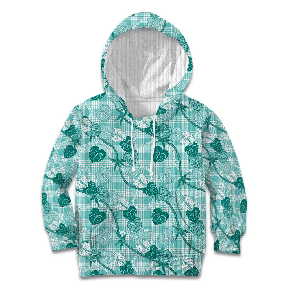 Anthurium Pikake Ti Leaf Palaka Kid Hoodie Turquoise Version LT01 Hoodie Turquoise - Polynesian Pride