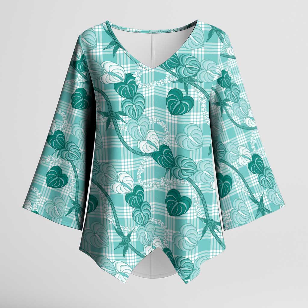 Anthurium Pikake Ti Leaf Palaka Kimono Sleeve Blouse Turquoise Version LT01 Female Turquoise - Polynesian Pride