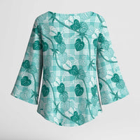 Anthurium Pikake Ti Leaf Palaka Kimono Sleeve Blouse Turquoise Version