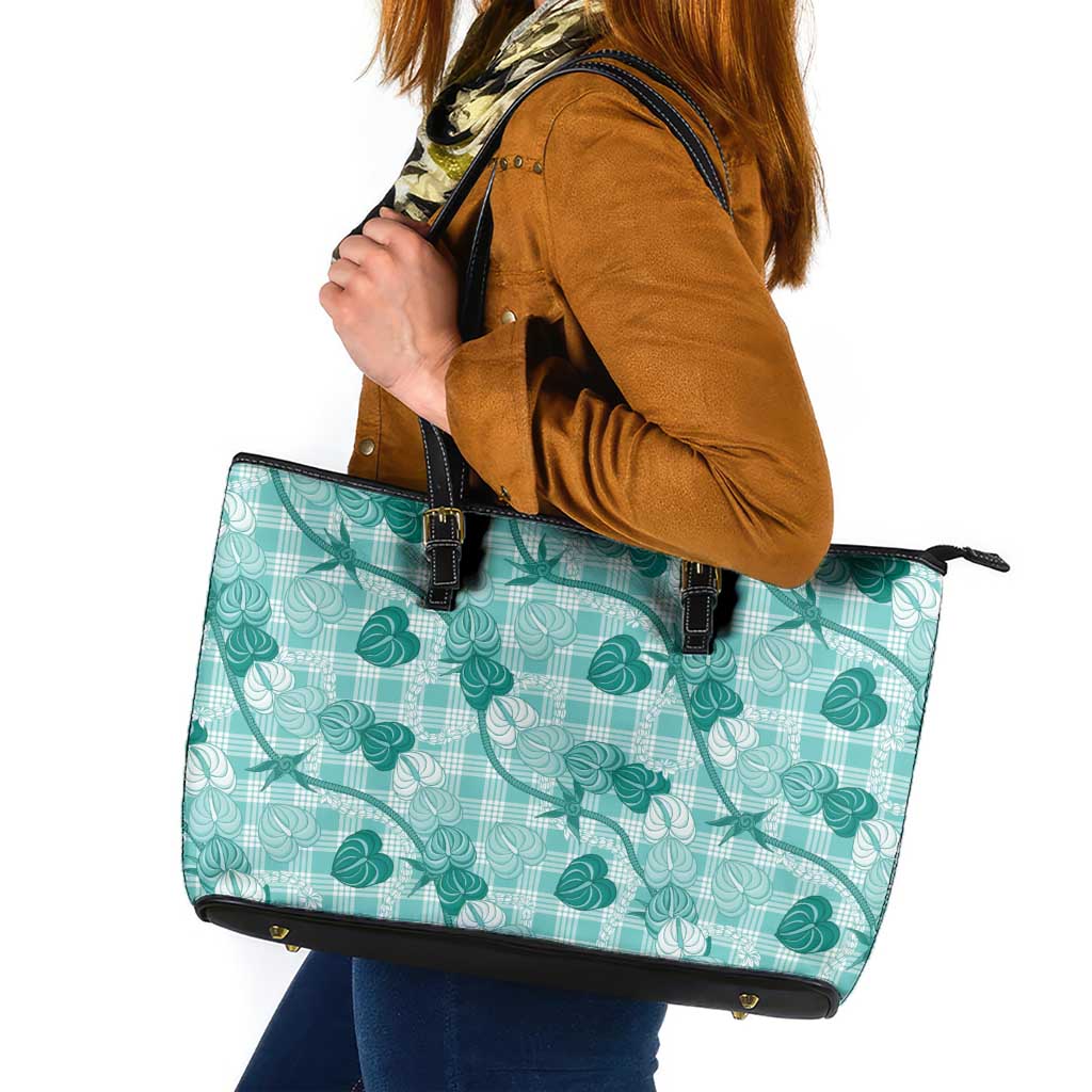 Anthurium Pikake Ti Leaf Palaka Leather Tote Bag Turquoise Version LT01 Turquoise - Polynesian Pride