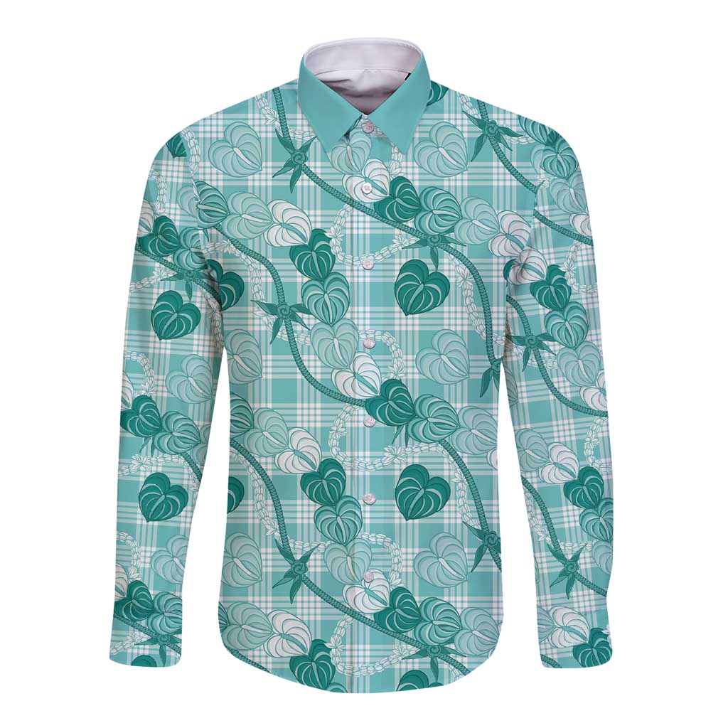 Anthurium Pikake Ti Leaf Palaka Long Sleeve Button Shirt Turquoise Version