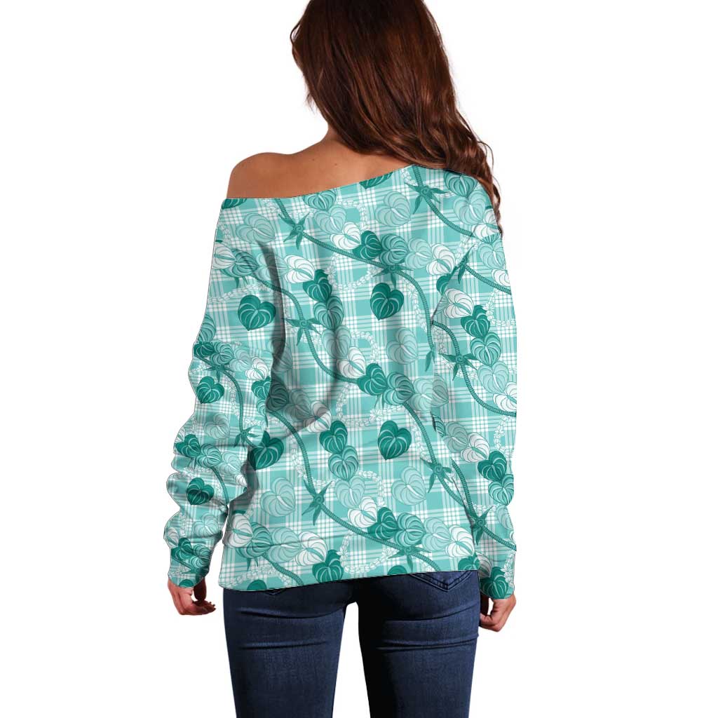 Anthurium Pikake Ti Leaf Palaka Off Shoulder Sweater Turquoise Version