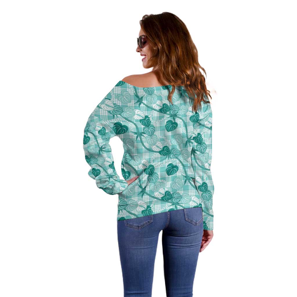 Anthurium Pikake Ti Leaf Palaka Off Shoulder Sweater Turquoise Version