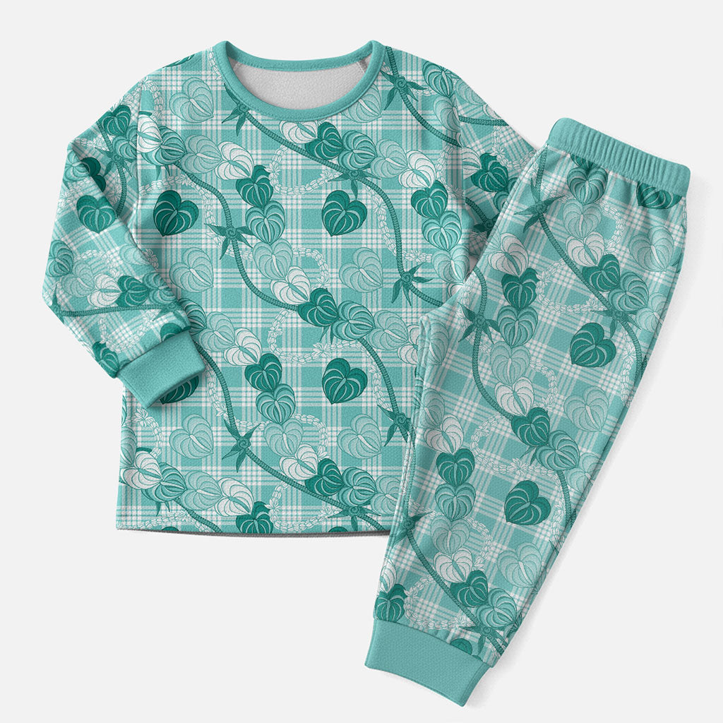 Anthurium Pikake Ti Leaf Palaka Christmas Pajama Set Turquoise Version