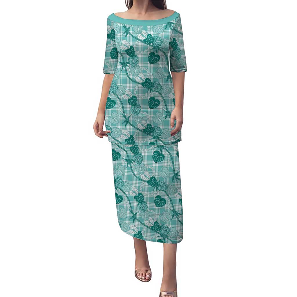 Anthurium Pikake Ti Leaf Palaka Puletasi Turquoise Version LT01 Long Dress Turquoise - Polynesian Pride
