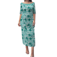 Anthurium Pikake Ti Leaf Palaka Puletasi Turquoise Version LT01 Long Dress Turquoise - Polynesian Pride