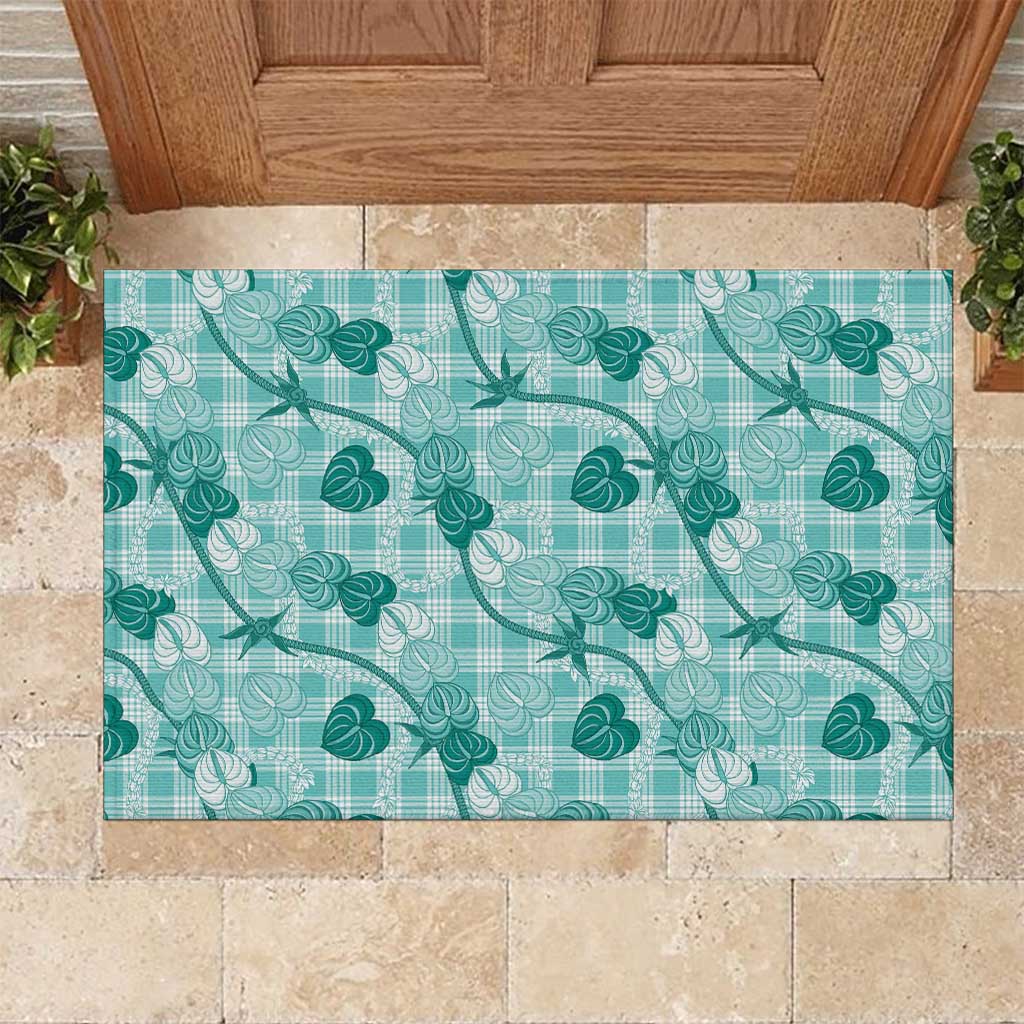 Anthurium Pikake Ti Leaf Palaka Rubber Doormat Turquoise Version