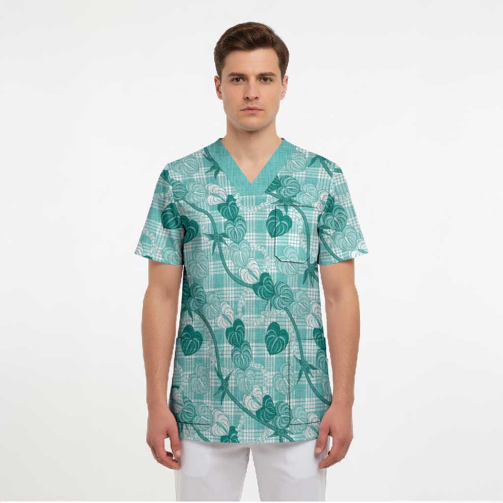 Anthurium Pikake Ti Leaf Palaka Scrub Top Turquoise Version LT01 - Polynesian Pride
