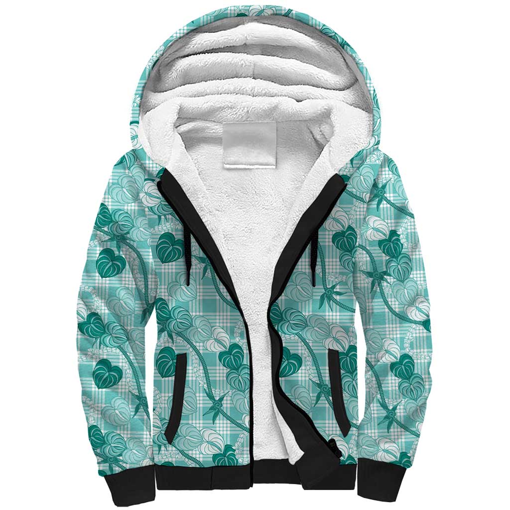 Anthurium Pikake Ti Leaf Palaka Sherpa Hoodie Turquoise Version LT01 Unisex Turquoise - Polynesian Pride