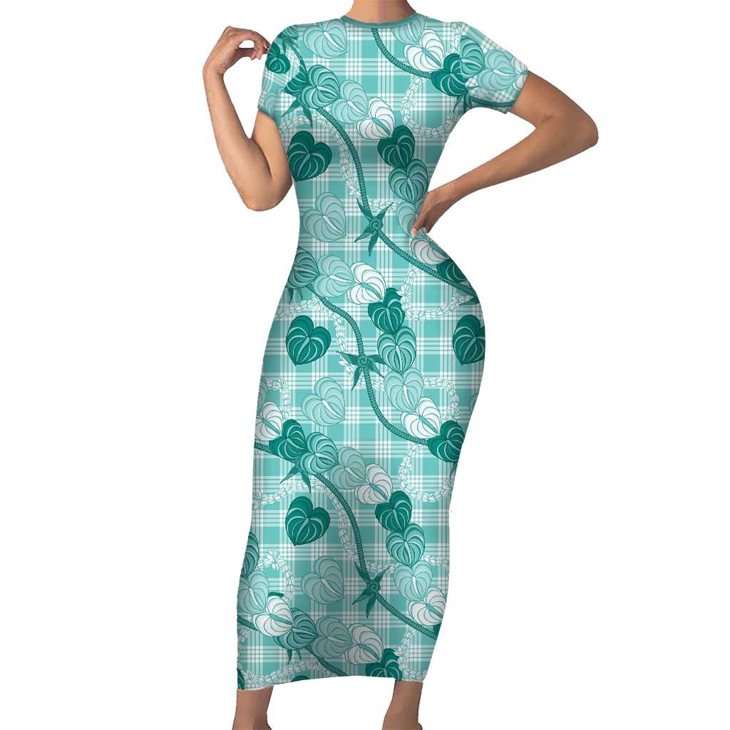 Anthurium Pikake Ti Leaf Palaka Short Sleeve Bodycon Dress Turquoise Version LT01 Long Dress Turquoise - Polynesian Pride