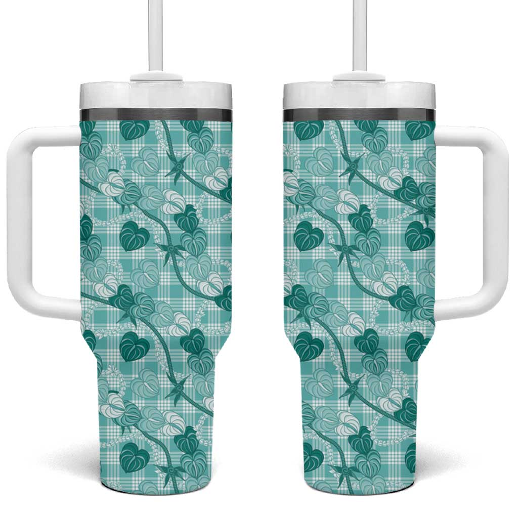 Anthurium Pikake Ti Leaf Palaka Tumbler With Handle Turquoise Version LT01 One Size: 40 oz Turquoise - Polynesian Pride