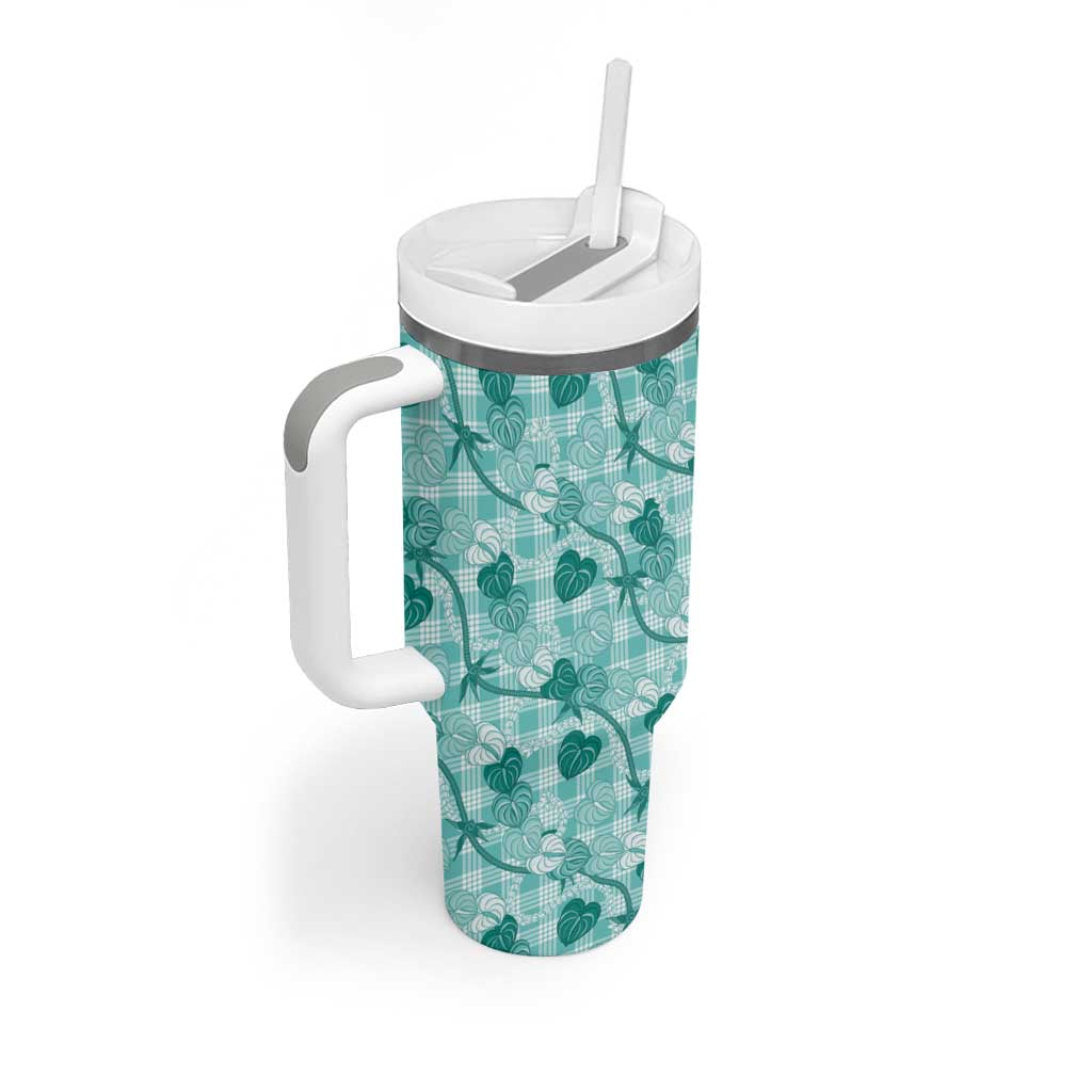 Anthurium Pikake Ti Leaf Palaka Tumbler With Handle Turquoise Version LT01 - Polynesian Pride