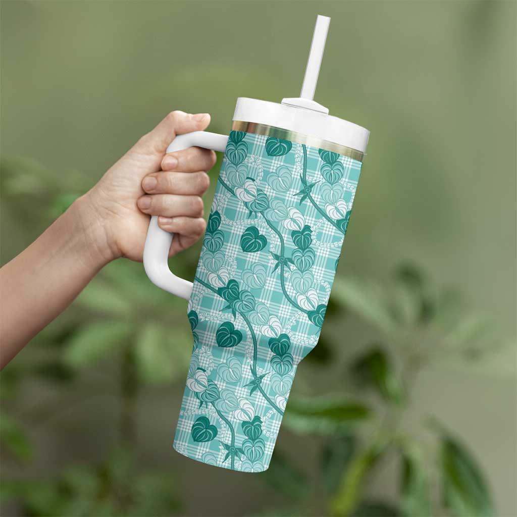 Anthurium Pikake Ti Leaf Palaka Tumbler With Handle Turquoise Version LT01 - Polynesian Pride