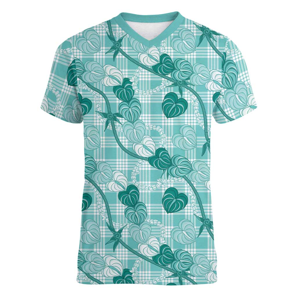 Anthurium Pikake Ti Leaf Palaka Women V-Neck T-Shirt Turquoise Version LT01 Female Turquoise - Polynesian Pride