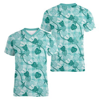 Anthurium Pikake Ti Leaf Palaka Women V-Neck T-Shirt Turquoise Version LT01 - Polynesian Pride