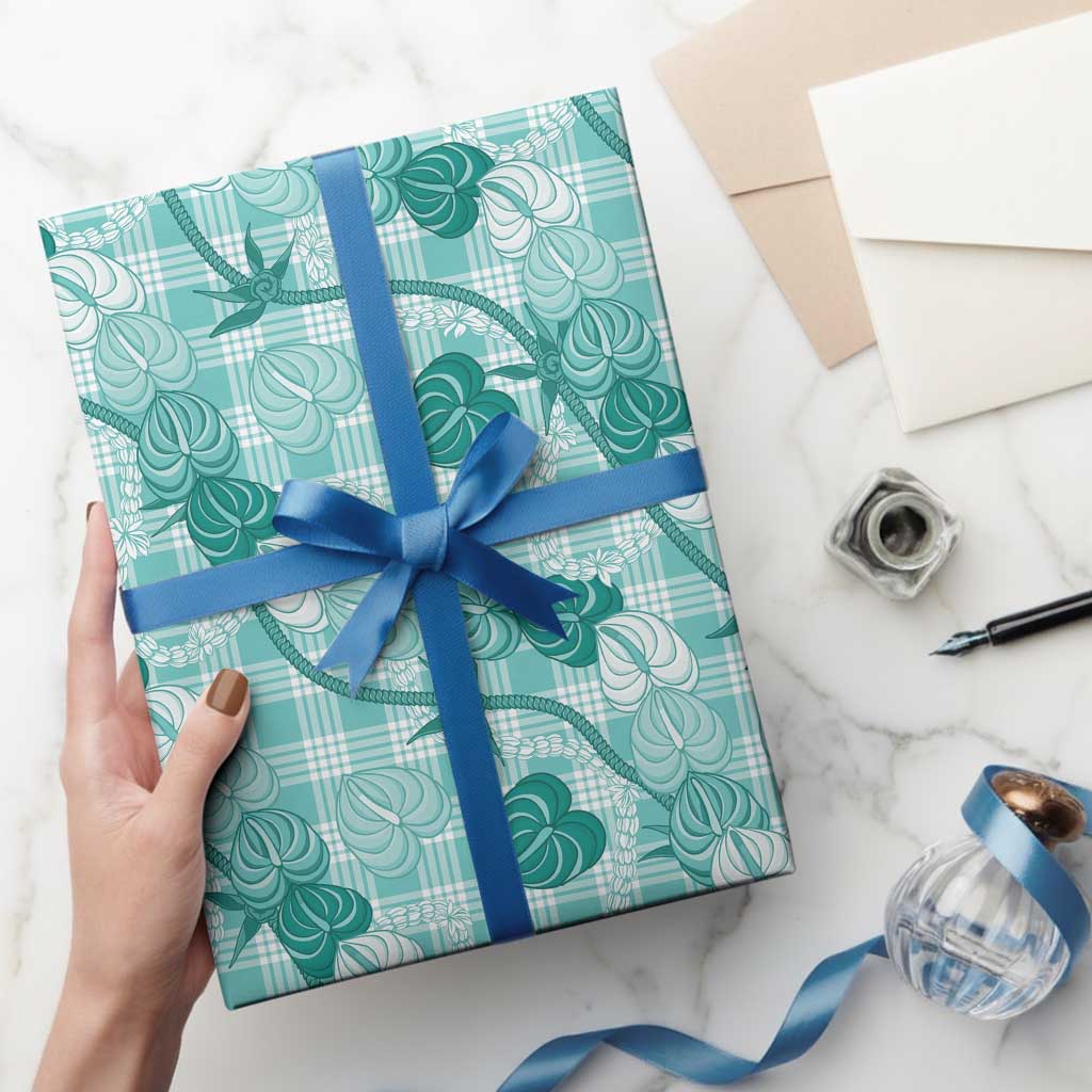 Anthurium Pikake Ti Leaf Palaka Wrapping Paper Turquoise Version LT01 - Polynesian Pride