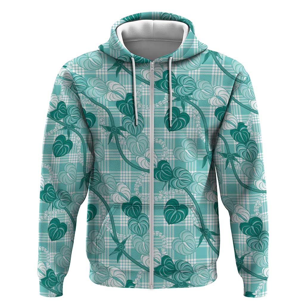 Anthurium Pikake Ti Leaf Palaka Zip Hoodie Turquoise Version LT01 Zip Hoodie Turquoise - Polynesian Pride