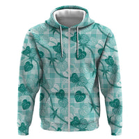 Anthurium Pikake Ti Leaf Palaka Zip Hoodie Turquoise Version LT01 Zip Hoodie Turquoise - Polynesian Pride