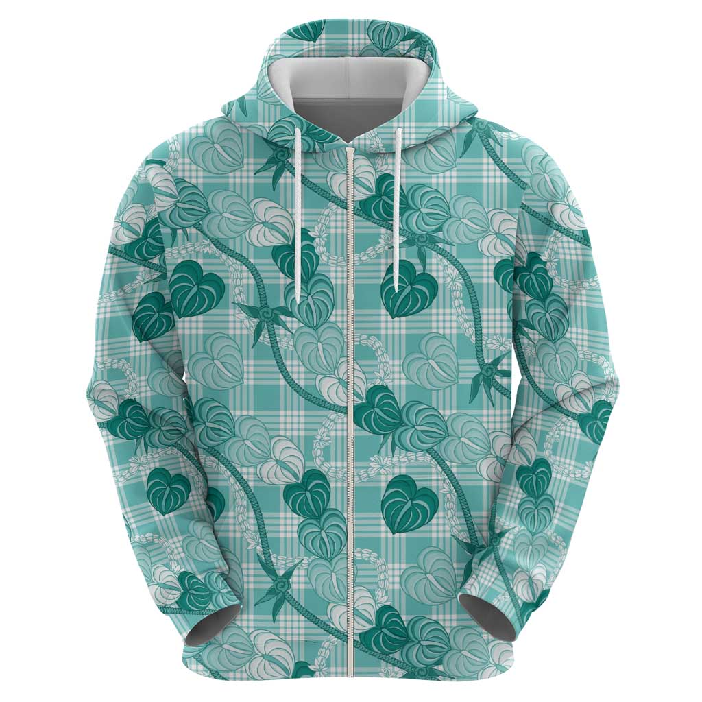 Anthurium Pikake Ti Leaf Palaka Zip Hoodie Turquoise Version LT01 - Polynesian Pride