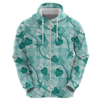 Anthurium Pikake Ti Leaf Palaka Zip Hoodie Turquoise Version LT01 - Polynesian Pride
