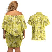 Anthurium Pikake Ti Leaf Palaka Couples Matching Off Shoulder Short Dress and Hawaiian Shirt Yellow Version