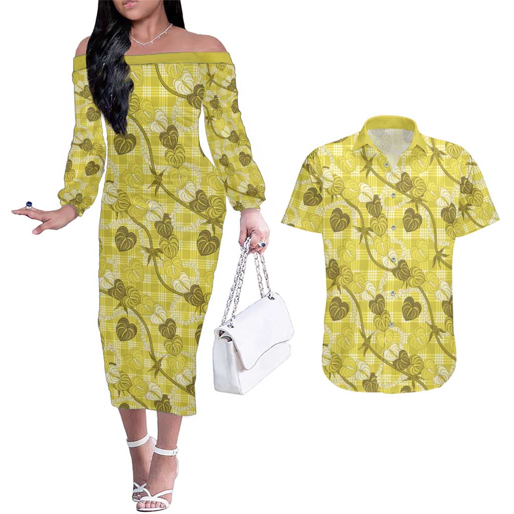 Anthurium Pikake Ti Leaf Palaka Couples Matching Off The Shoulder Long Sleeve Dress and Hawaiian Shirt Yellow Version LT01 Yellow - Polynesian Pride
