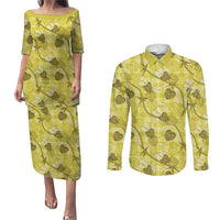 Anthurium Pikake Ti Leaf Palaka Couples Matching Puletasi and Long Sleeve Button Shirt Yellow Version LT01 Yellow - Polynesian Pride