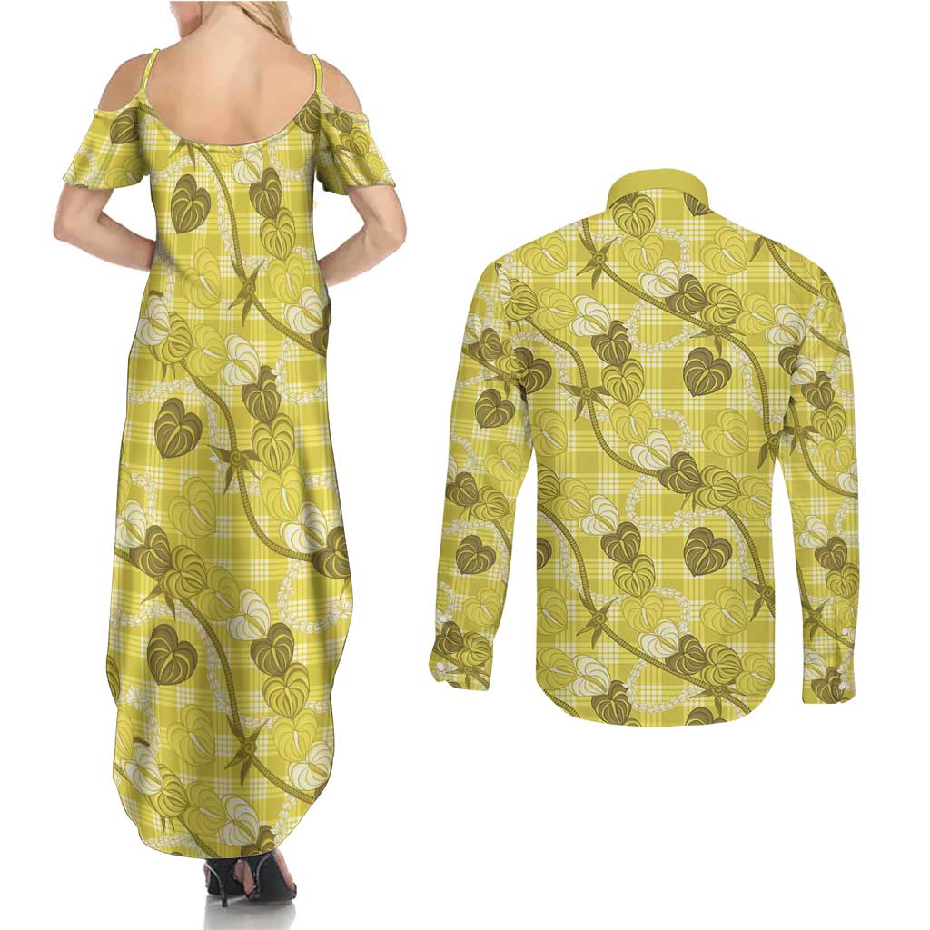 Anthurium Pikake Ti Leaf Palaka Couples Matching Summer Maxi Dress and Long Sleeve Button Shirt Yellow Version LT01 - Polynesian Pride
