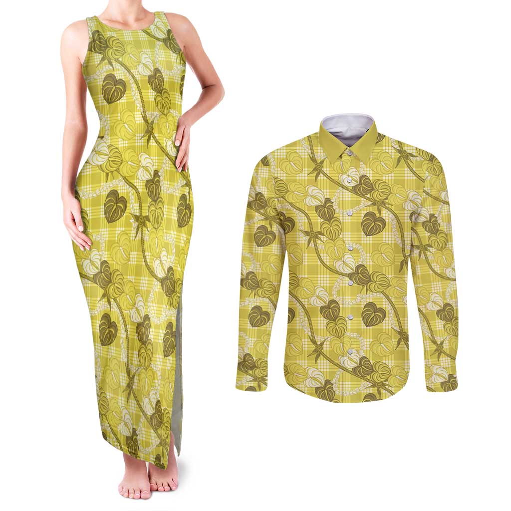 Anthurium Pikake Ti Leaf Palaka Couples Matching Tank Maxi Dress and Long Sleeve Button Shirt Yellow Version