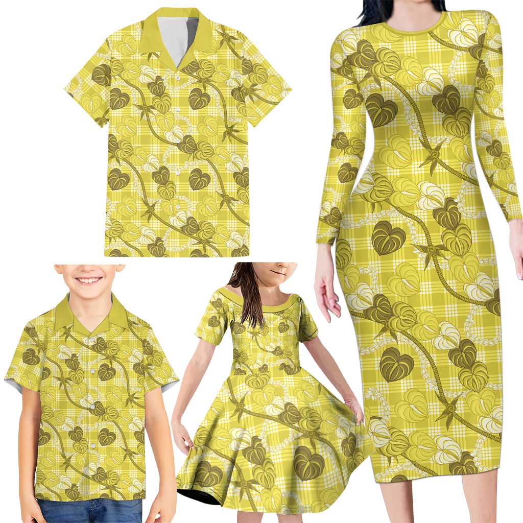 Anthurium Pikake Ti Leaf Palaka Family Matching Long Sleeve Bodycon Dress and Hawaiian Shirt Yellow Version LT01 - Polynesian Pride