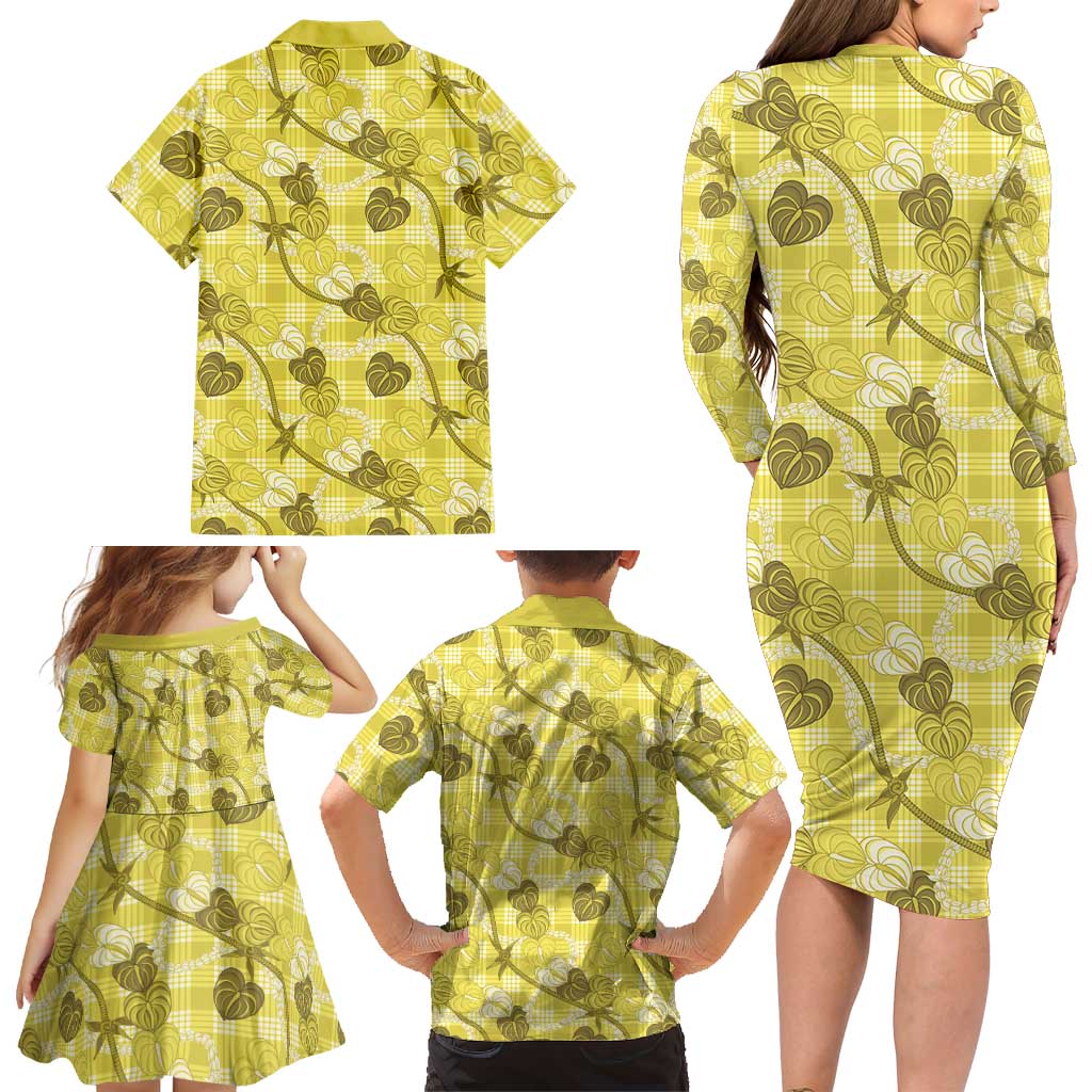 Anthurium Pikake Ti Leaf Palaka Family Matching Long Sleeve Bodycon Dress and Hawaiian Shirt Yellow Version LT01 - Polynesian Pride
