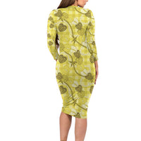 Anthurium Pikake Ti Leaf Palaka Family Matching Long Sleeve Bodycon Dress and Hawaiian Shirt Yellow Version LT01 - Polynesian Pride