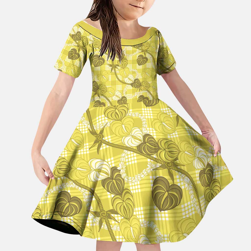 Anthurium Pikake Ti Leaf Palaka Family Matching Mermaid Dress and Hawaiian Shirt Yellow Version LT01 Daughter's Dress Yellow - Polynesian Pride