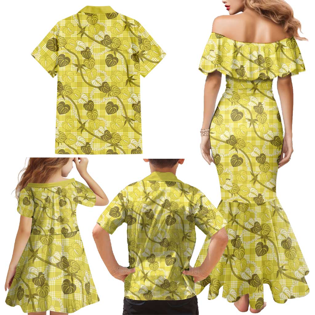 Anthurium Pikake Ti Leaf Palaka Family Matching Mermaid Dress and Hawaiian Shirt Yellow Version LT01 - Polynesian Pride