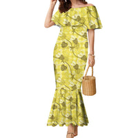 Anthurium Pikake Ti Leaf Palaka Family Matching Mermaid Dress and Hawaiian Shirt Yellow Version LT01 Mom's Dress Yellow - Polynesian Pride