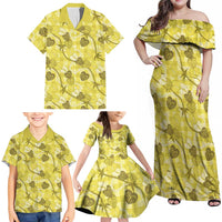 Anthurium Pikake Ti Leaf Palaka Family Matching Off Shoulder Maxi Dress and Hawaiian Shirt Yellow Version LT01 - Polynesian Pride