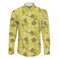 Anthurium Pikake Ti Leaf Palaka Family Matching Off Shoulder Maxi Dress and Hawaiian Shirt Yellow Version LT01 Dad's Shirt - Long Sleeve Yellow - Polynesian Pride