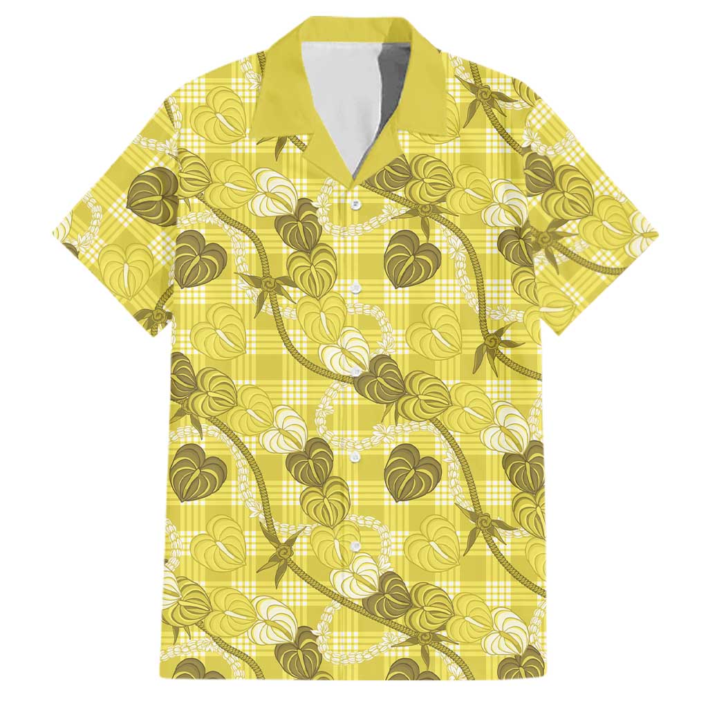 Anthurium Pikake Ti Leaf Palaka Family Matching Puletasi and Hawaiian Shirt Yellow Version