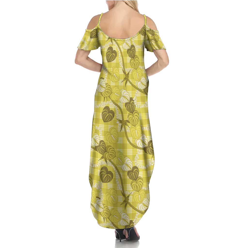 Anthurium Pikake Ti Leaf Palaka Family Matching Summer Maxi Dress and Hawaiian Shirt Yellow Version LT01 - Polynesian Pride