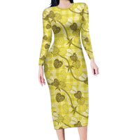 Anthurium Pikake Ti Leaf Palaka Long Sleeve Bodycon Dress Yellow Version