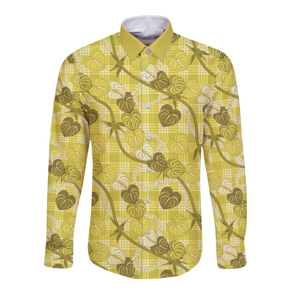 Anthurium Pikake Ti Leaf Palaka Long Sleeve Button Shirt Yellow Version LT01 Unisex Yellow - Polynesian Pride
