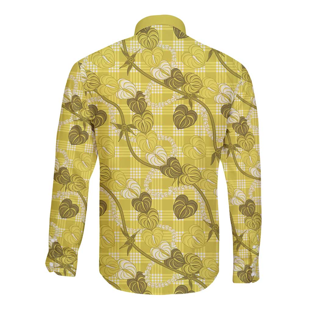Anthurium Pikake Ti Leaf Palaka Long Sleeve Button Shirt Yellow Version LT01 - Polynesian Pride