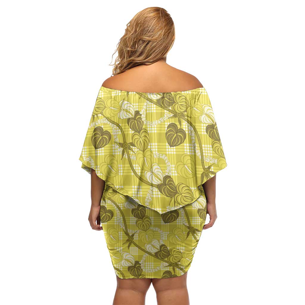 Anthurium Pikake Ti Leaf Palaka Off Shoulder Short Dress Yellow Version LT01 - Polynesian Pride