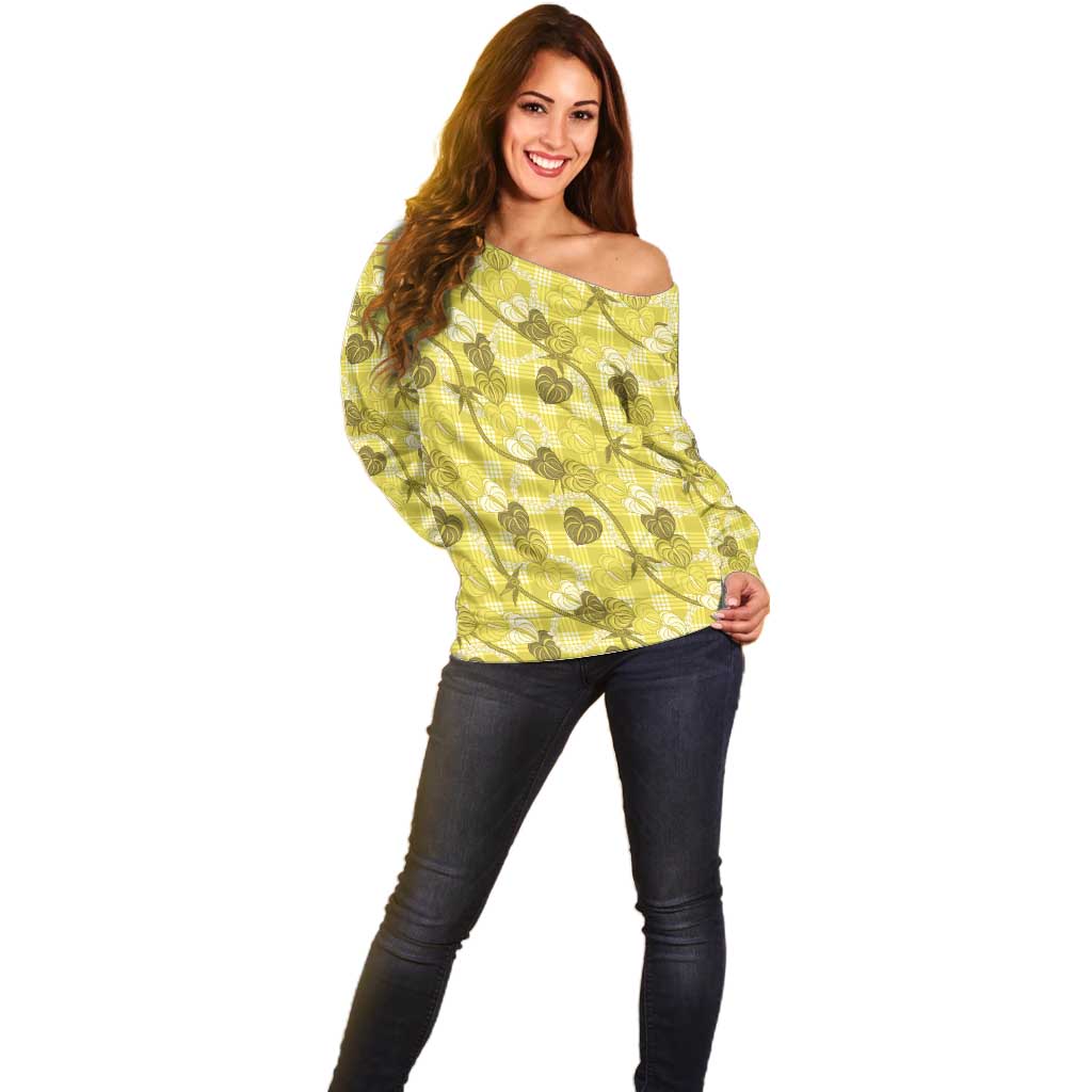 Anthurium Pikake Ti Leaf Palaka Off Shoulder Sweater Yellow Version LT01 - Polynesian Pride