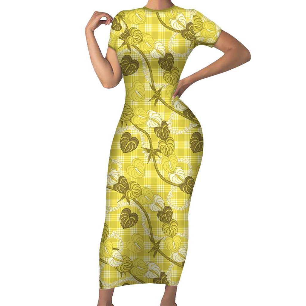 Anthurium Pikake Ti Leaf Palaka Short Sleeve Bodycon Dress Yellow Version LT01 Long Dress Yellow - Polynesian Pride