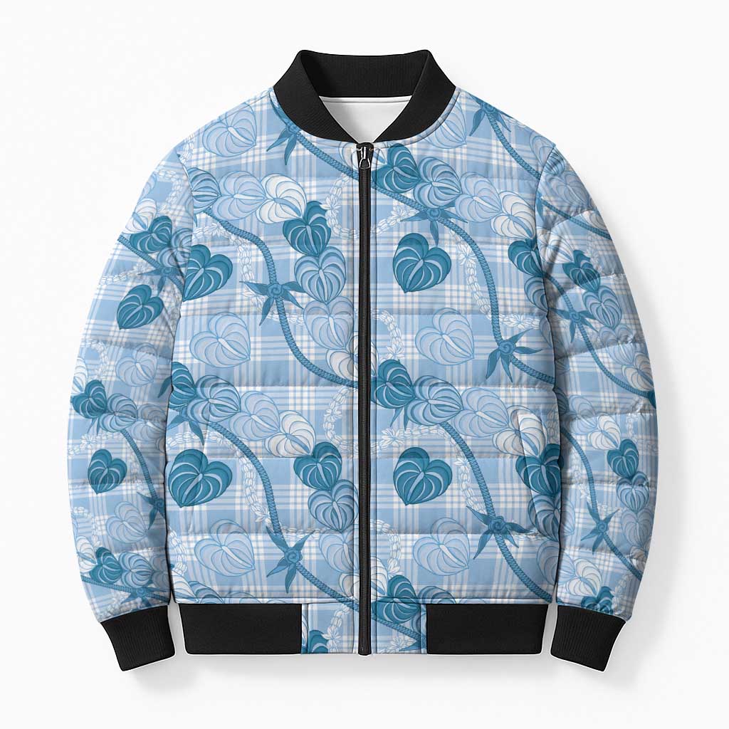 Anthurium Pikake Ti Leaf Palaka Bomber Puffer Jacket Blue Version LT01 Unisex Blue - Polynesian Pride