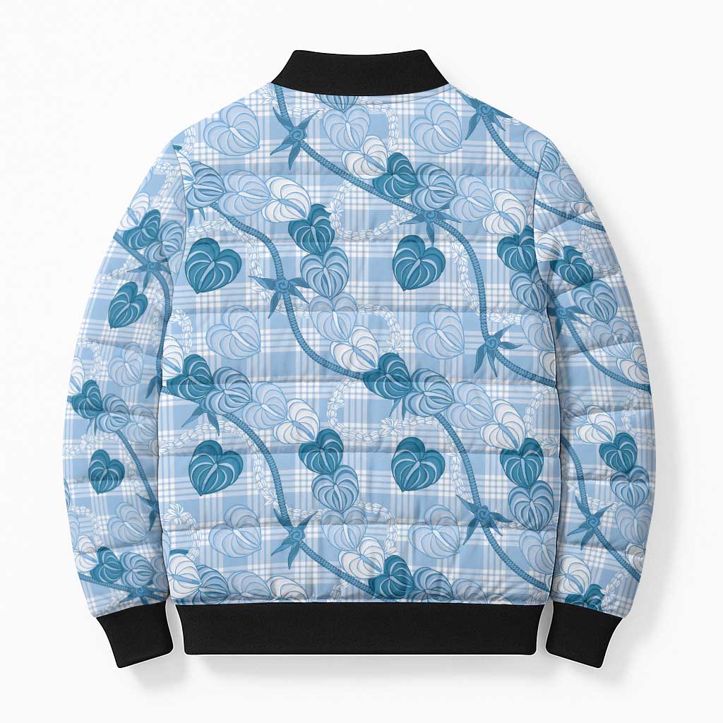 Anthurium Pikake Ti Leaf Palaka Bomber Puffer Jacket Blue Version LT01 - Polynesian Pride