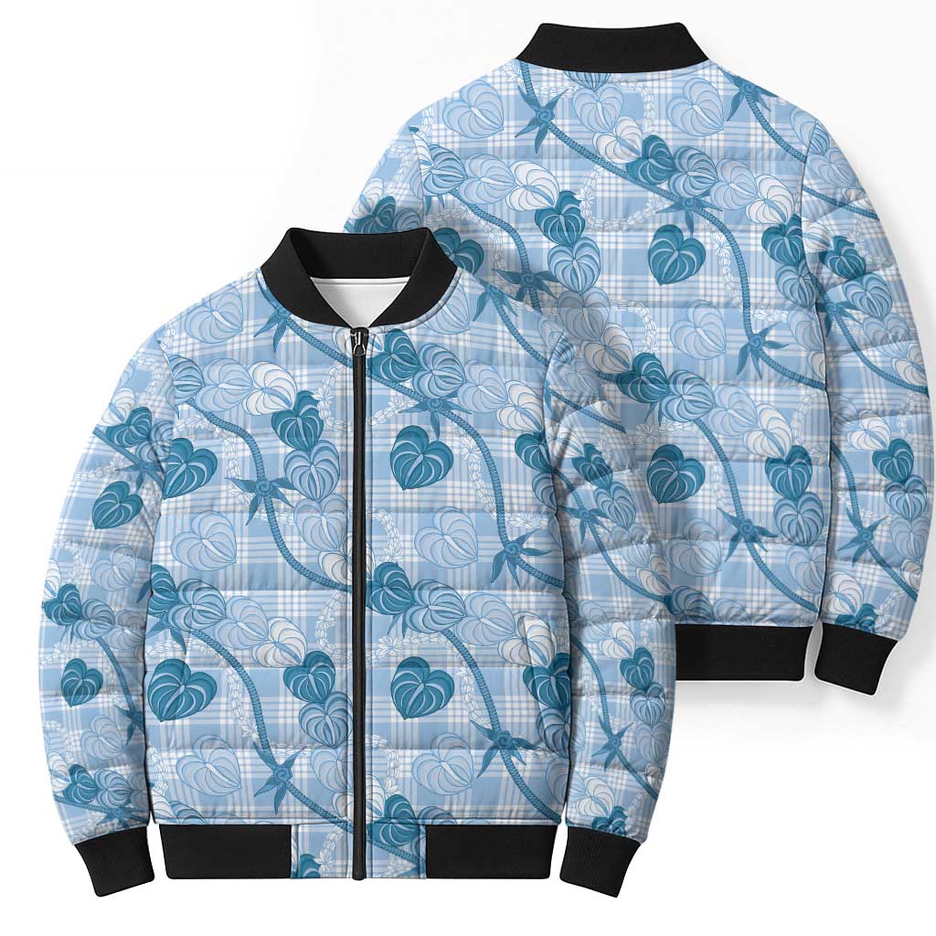 Anthurium Pikake Ti Leaf Palaka Bomber Puffer Jacket Blue Version LT01 - Polynesian Pride
