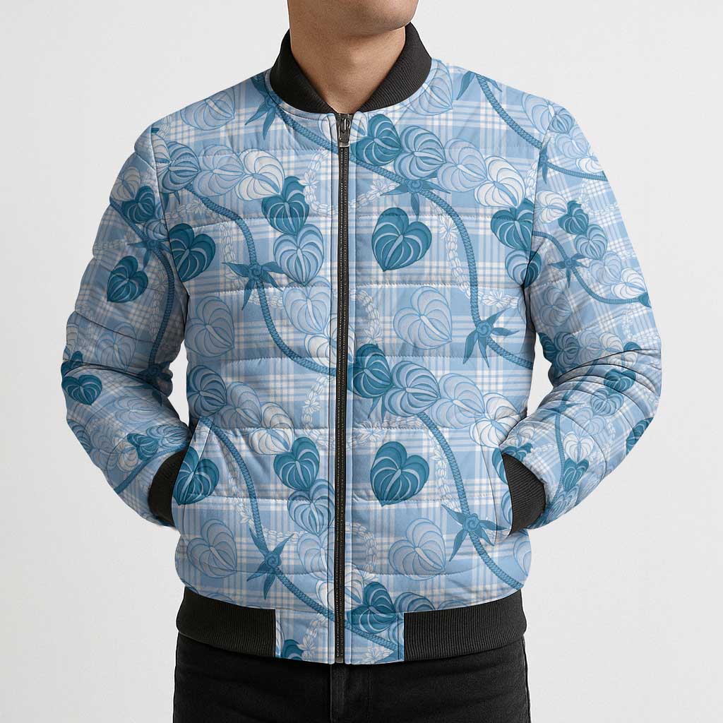 Anthurium Pikake Ti Leaf Palaka Bomber Puffer Jacket Blue Version LT01 - Polynesian Pride